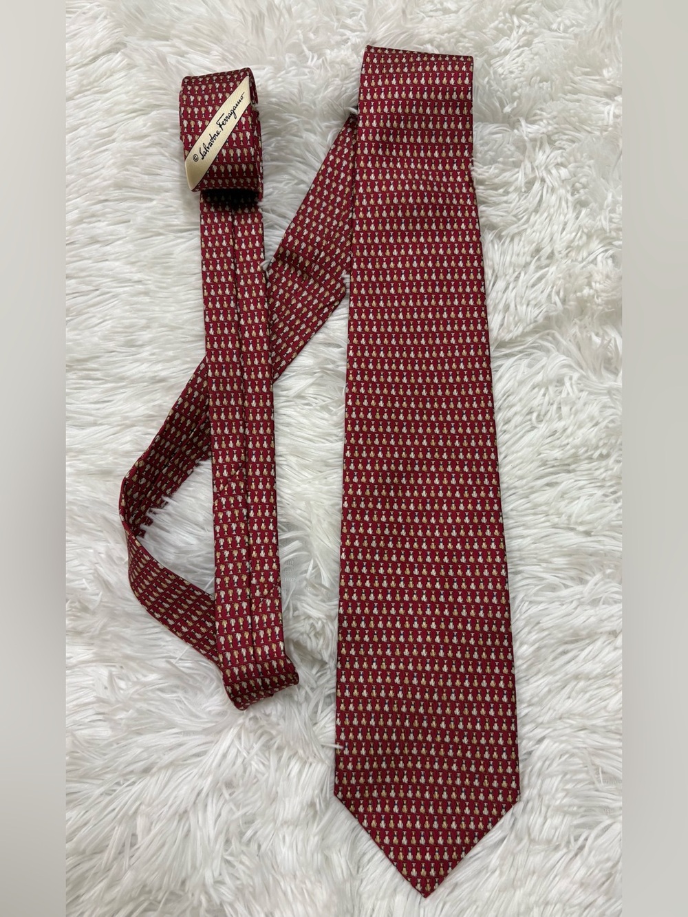 Salvatore Ferragamo Red Silk Tie with Gold-Cream Micro Pattern